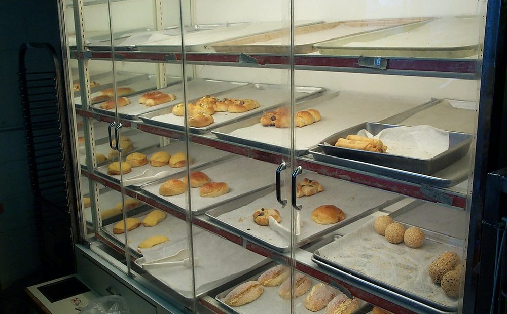 my own pastry case fully stocked at 7 a.m. — loaves on the top shelf, laminated pastry front and center, cookies and muffins at eye level (placeholder)