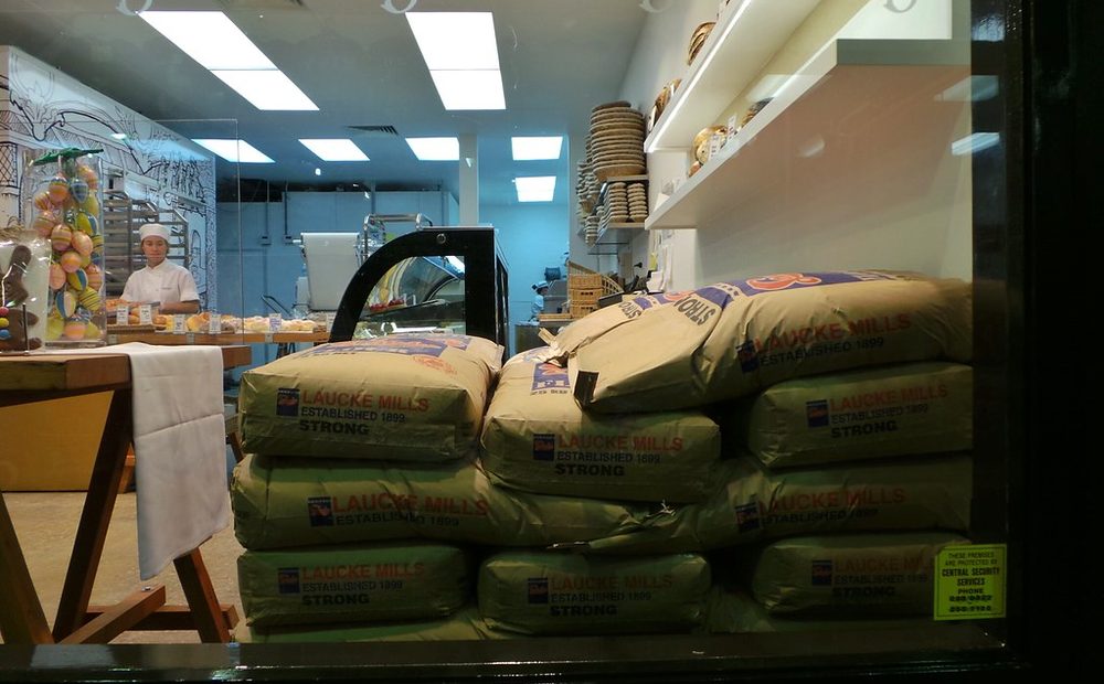 my flour and dry-goods storage, bags and bins labeled, in the bakery (placeholder)