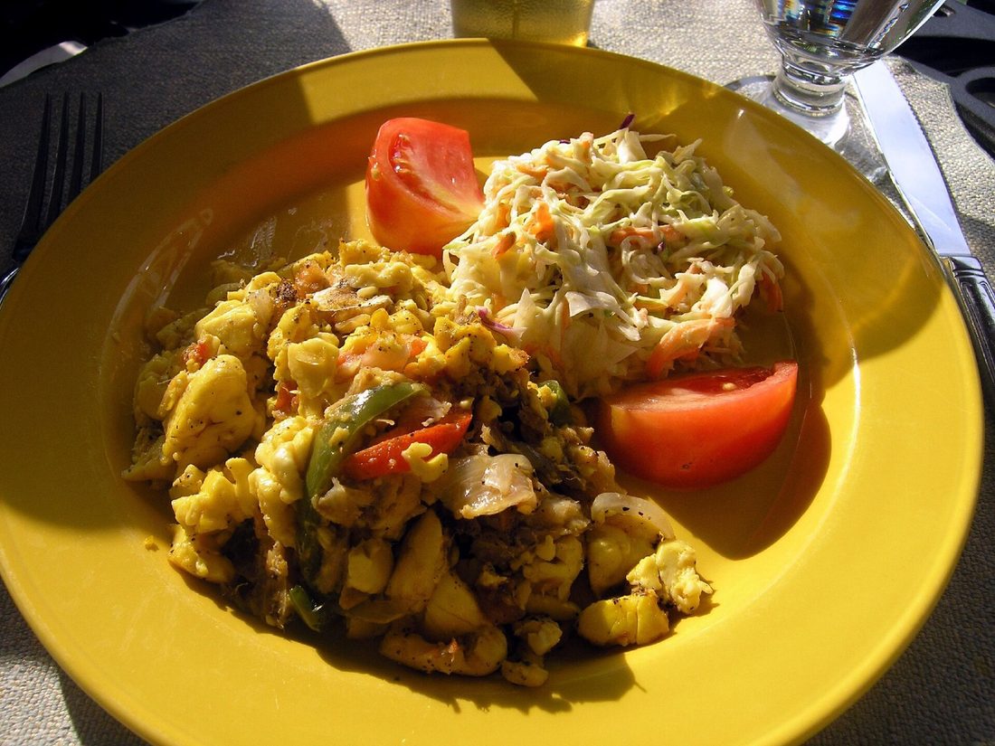 Ackee and saltfish, the ackee in soft yellow curds