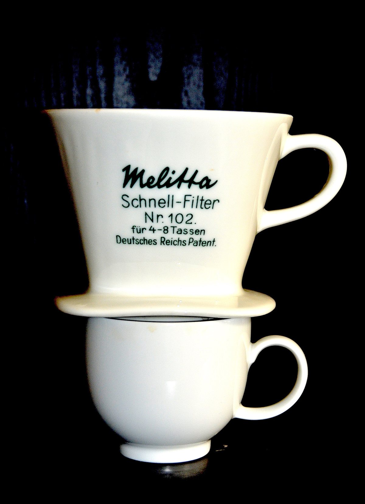 A porcelain Melitta Schnell-Filter cone on a cup — the original 1908 idea, still in production