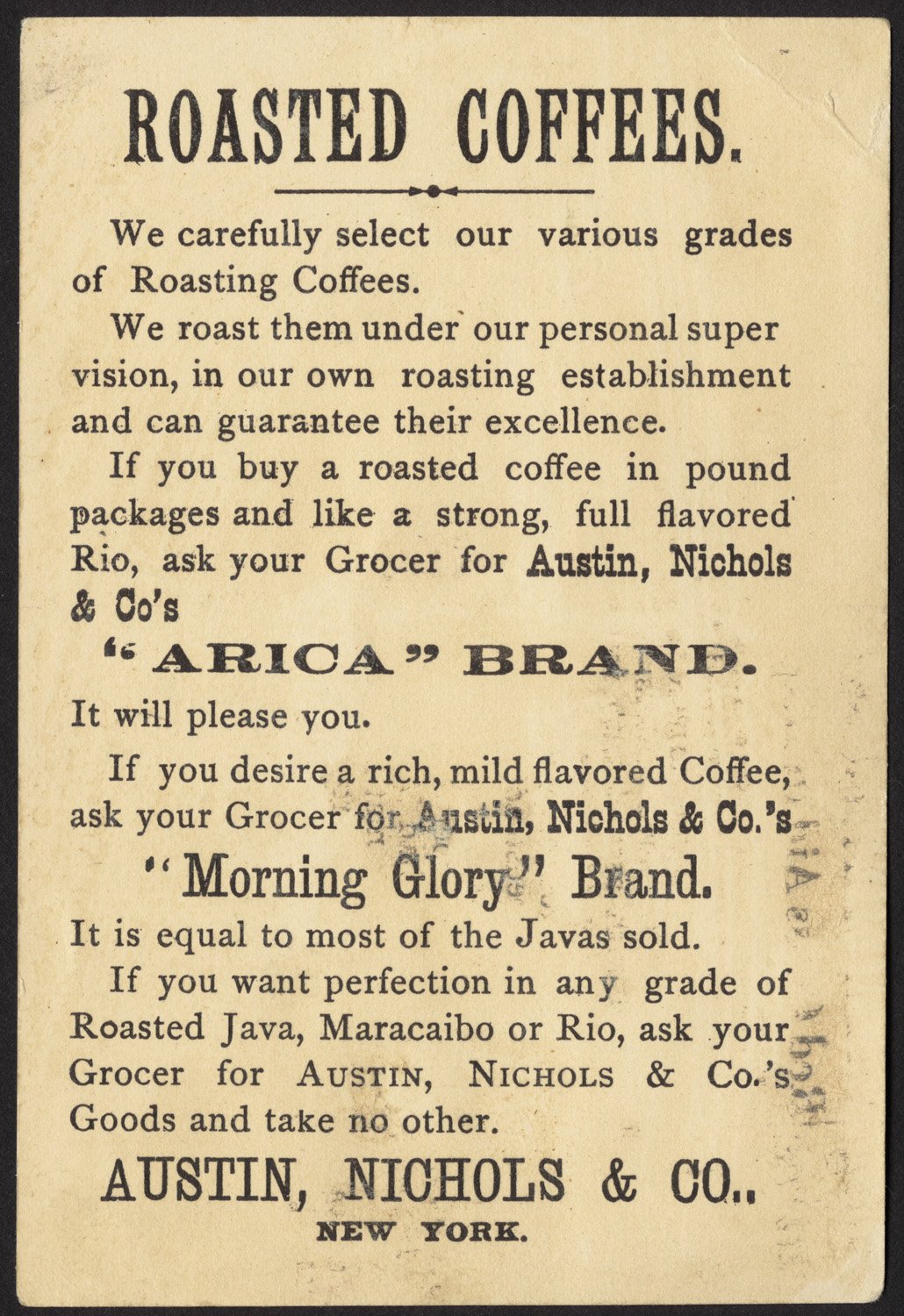 A nineteenth-century trade card for Austin, Nichols and Company of New York, printed with text urging the reader to ask the grocer for their Arica brand and Morning Glory brand roasted coffees