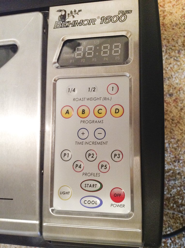 The control panel of a Behmor roaster: a digital display reading 88:88 above rows of round buttons for weight, programs P1 to P5, time, start and cool