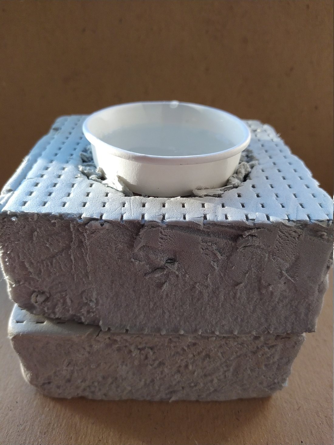 A bowl of water set into a block of white foam insulation