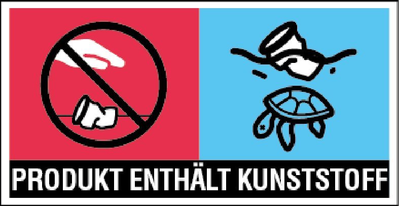 A pictogram from the European Union's single-use plastics directive: a crossed-out hand dropping a cup on the ground, a cup on a beach with a turtle, and the words Produkt enthält Kunststoff, product contains plastic