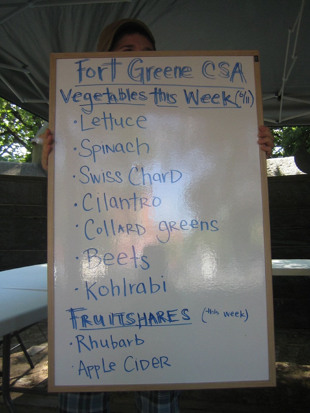 A volunteer under a canopy holding up a whiteboard that lists the week's CSA share: lettuce, spinach, Swiss chard, cilantro, collard greens, beets, kohlrabi, and a fruit share of rhubarb and apple cider