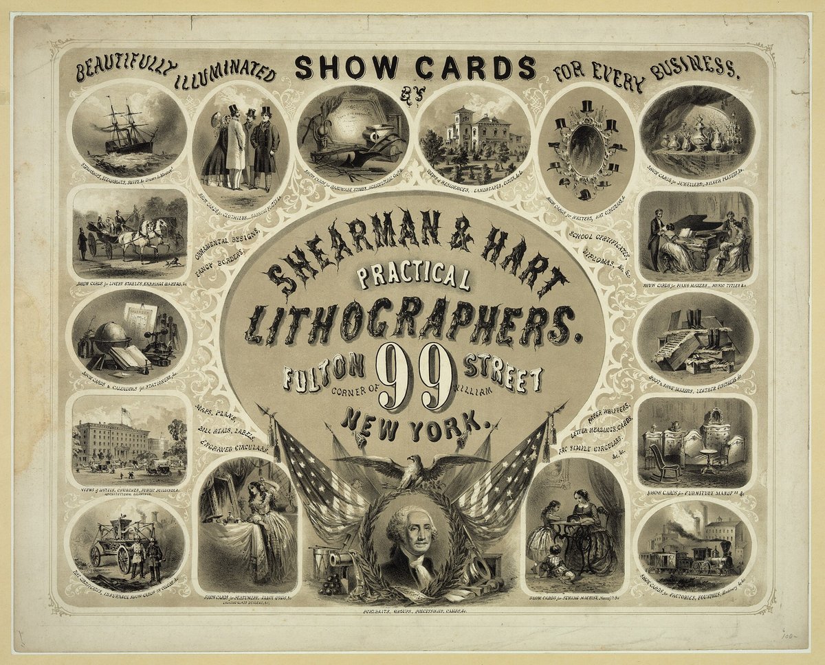 A nineteenth-century advertising print for Shearman and Hart, lithographers of New York, its border filled with small engraved scenes, offering show cards for every business