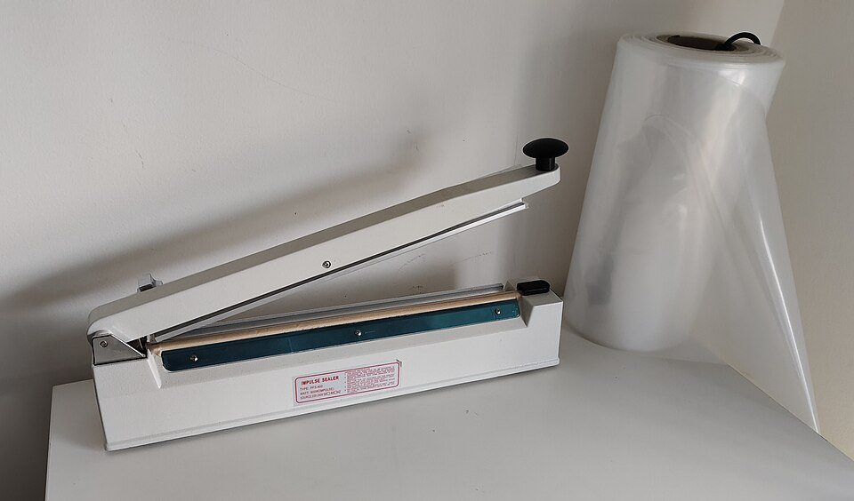A white hand impulse sealer with a long hinged arm on a table, a roll of clear bag film standing beside it