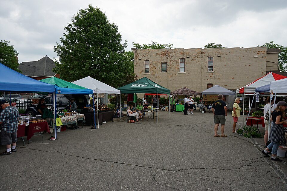 Pop-up canopies in two rows across a paved lot, shoppers walking between them