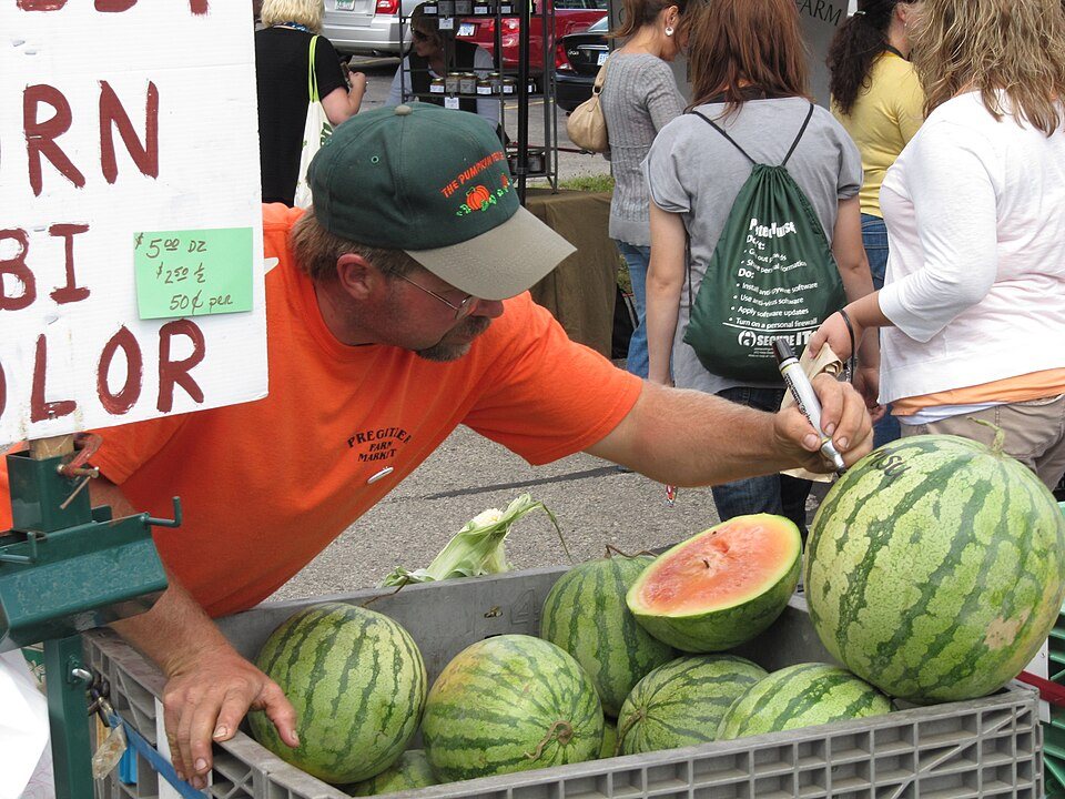 A vendor in an orange shirt and cap writes a price on a melon with a marker, a bin of watermelons in front of him
