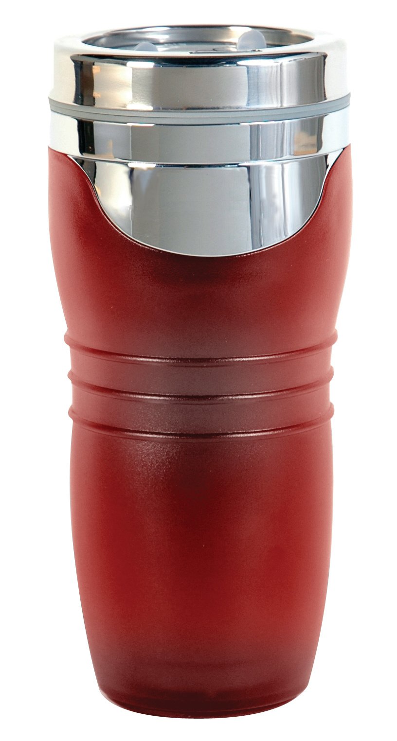 A dark red travel mug with a brushed-steel band and a screw-on lid