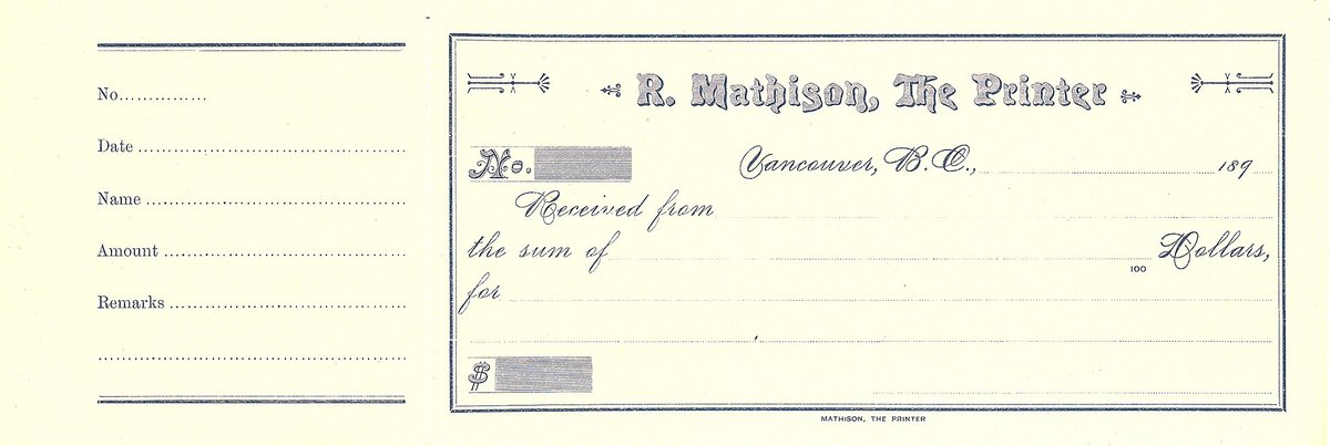 A blank receipt form printed for R. Mathison, The Printer, with lines for date, name, amount and the words Received from and the sum of