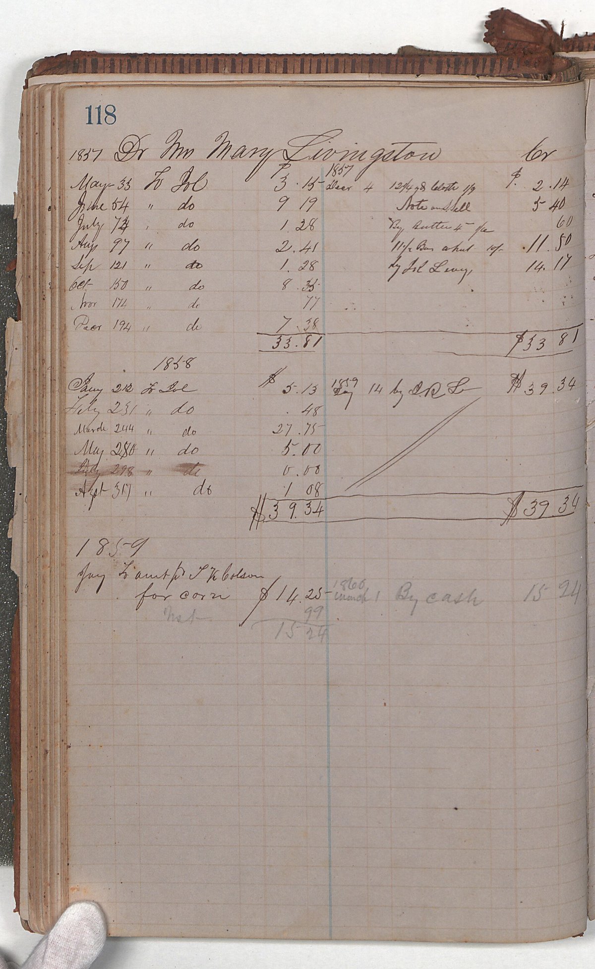 A tall handwritten store ledger page from 1857 with dated entries in ink running down ruled columns