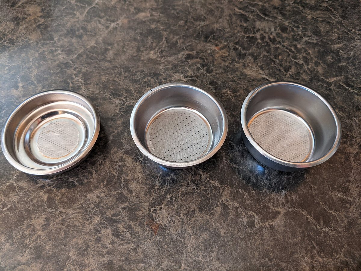Baskets: single, double, triple. The basket sets the dose and the bed depth, and a worn or cheap one channels no matter how good your technique is