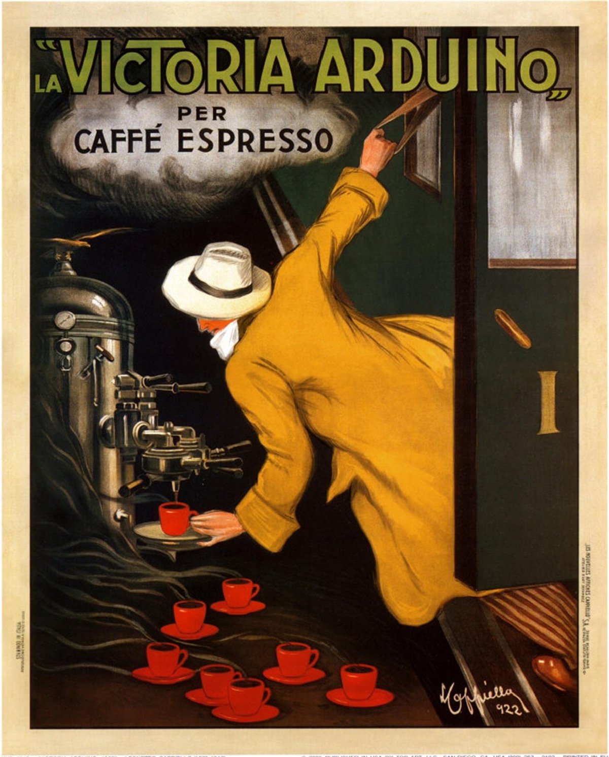A poster in red, yellow and blue: a man in a yellow coat leans out of a speeding train to pour coffee from a Victoria Arduino machine into cups, under the words La Victoria Arduino per caffè espresso