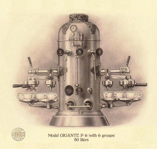 A tall chrome vertical boiler with six group heads around its base, from a catalogue page labelled Modell GIGANTE P-6 with 6 groups, 50 litre