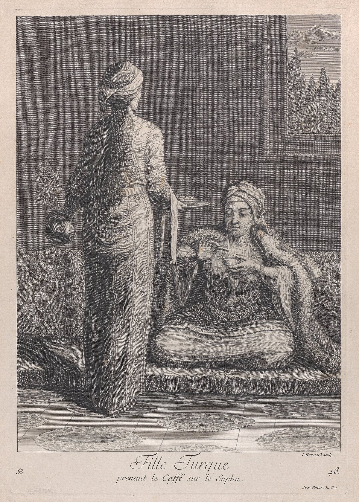 It wasn't only the public room. Coffee moved into the house too — a Turkish woman taking coffee on the sofa, engraved for European readers who found the whole business exotic