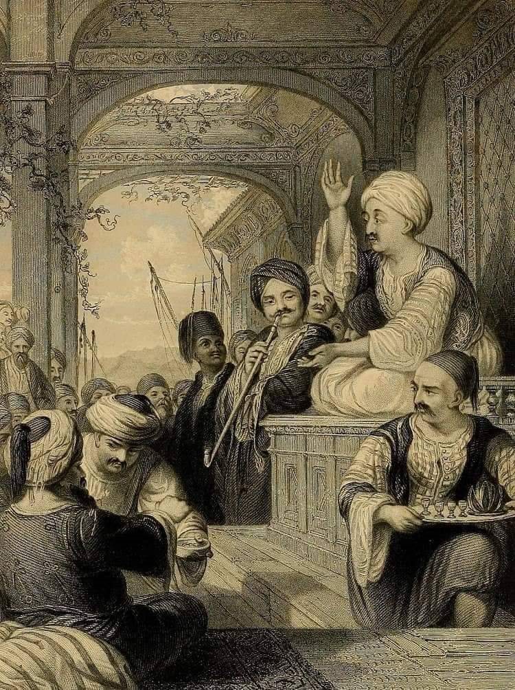The meddah, the coffeehouse storyteller — the room's entertainment, its news source, and part of why rulers kept an eye on the place