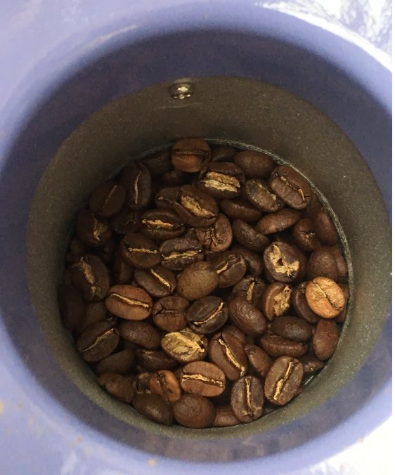 A popcorn-popper chamber full of beans at a medium roast, seen from above