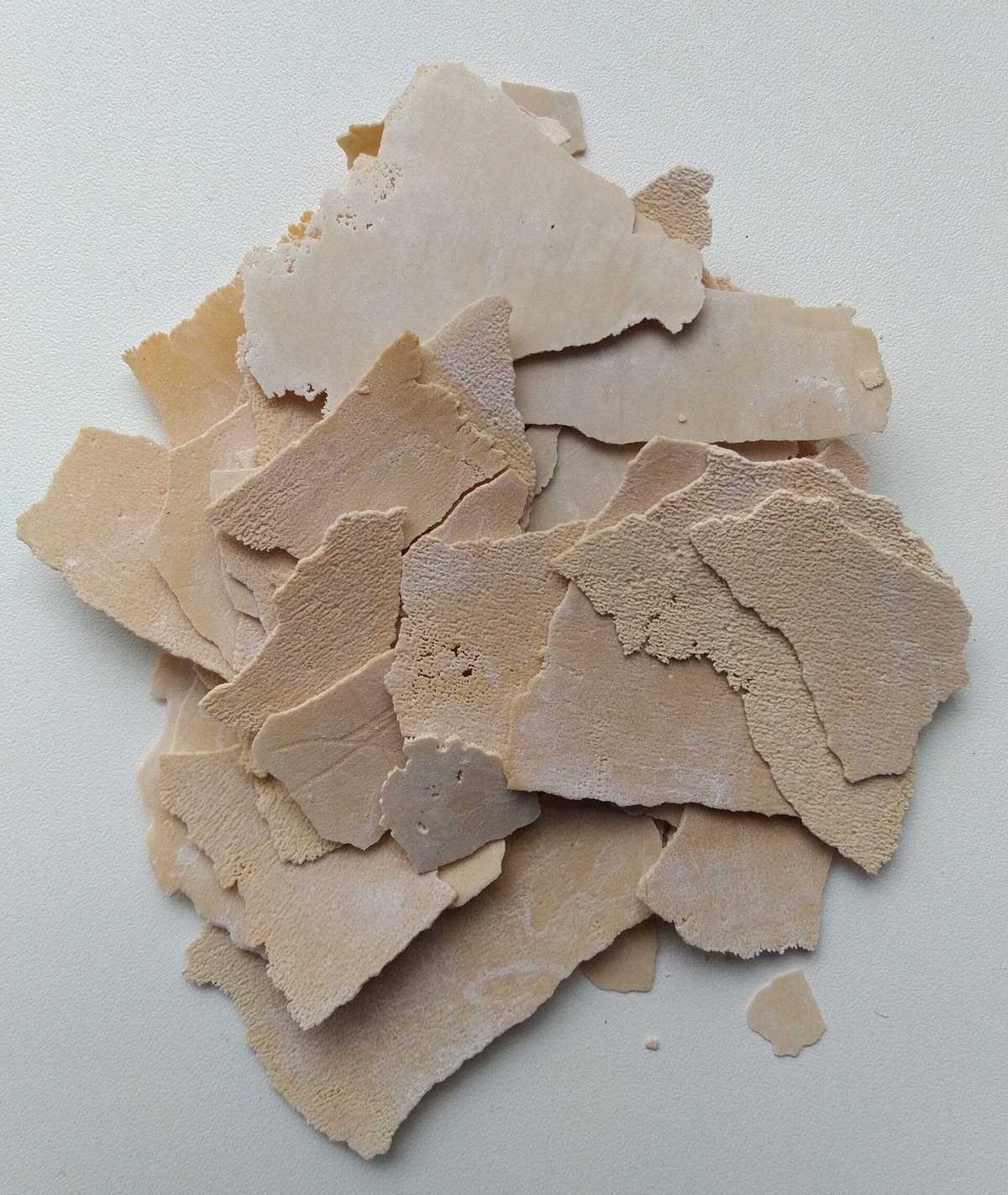A pile of pale, brittle limescale flakes on a white surface, each flake curved where it peeled off the inside of a kettle
