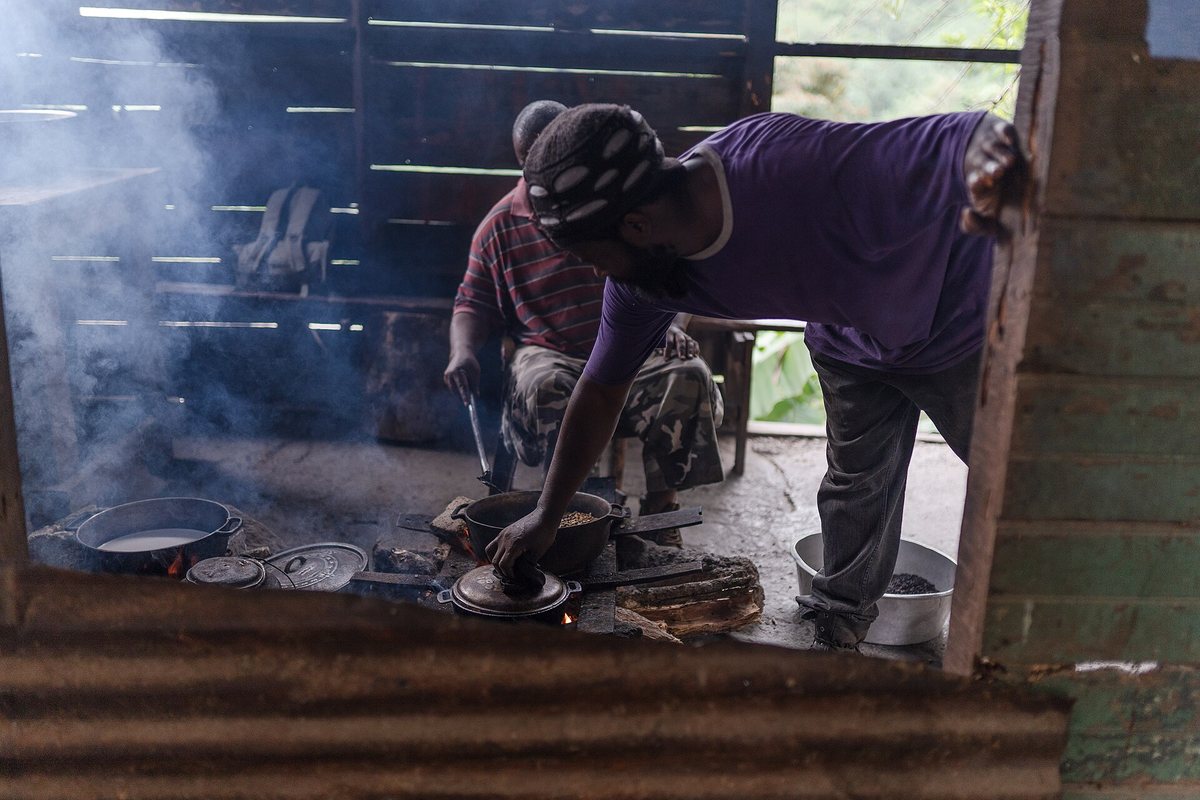 Coffee roasted in a pan over a wood fire in Portland Parish, Jamaica — dinner cooking alongside it. No thermocouple, no profile software, no airflow control, and people have been making perfectly good coffee this way for centuries. Everything below is a refinement of this