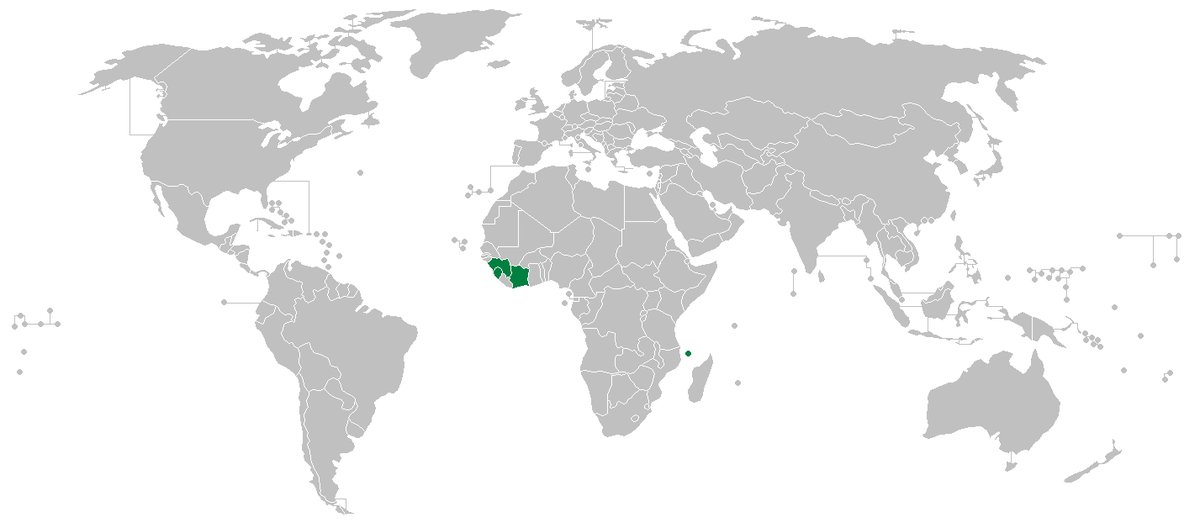 World map with a small green area in coastal West Africa covering Guinea, Sierra Leone and Ivory Coast, the native range of Coffea stenophylla