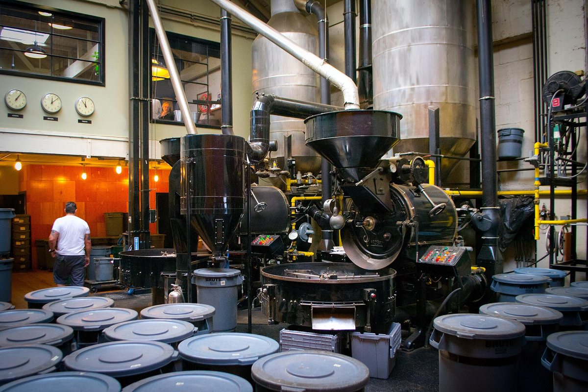A production floor: machines this size, plumbed into cyclones and ducting, with the finished coffee going straight into bulk bins. Nothing about this room is about tasting coffee — it's about moving it