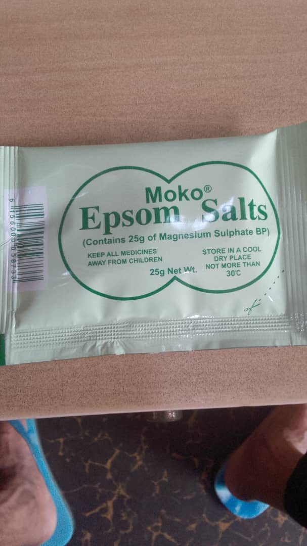 A small printed sachet labelled Epsom Salts