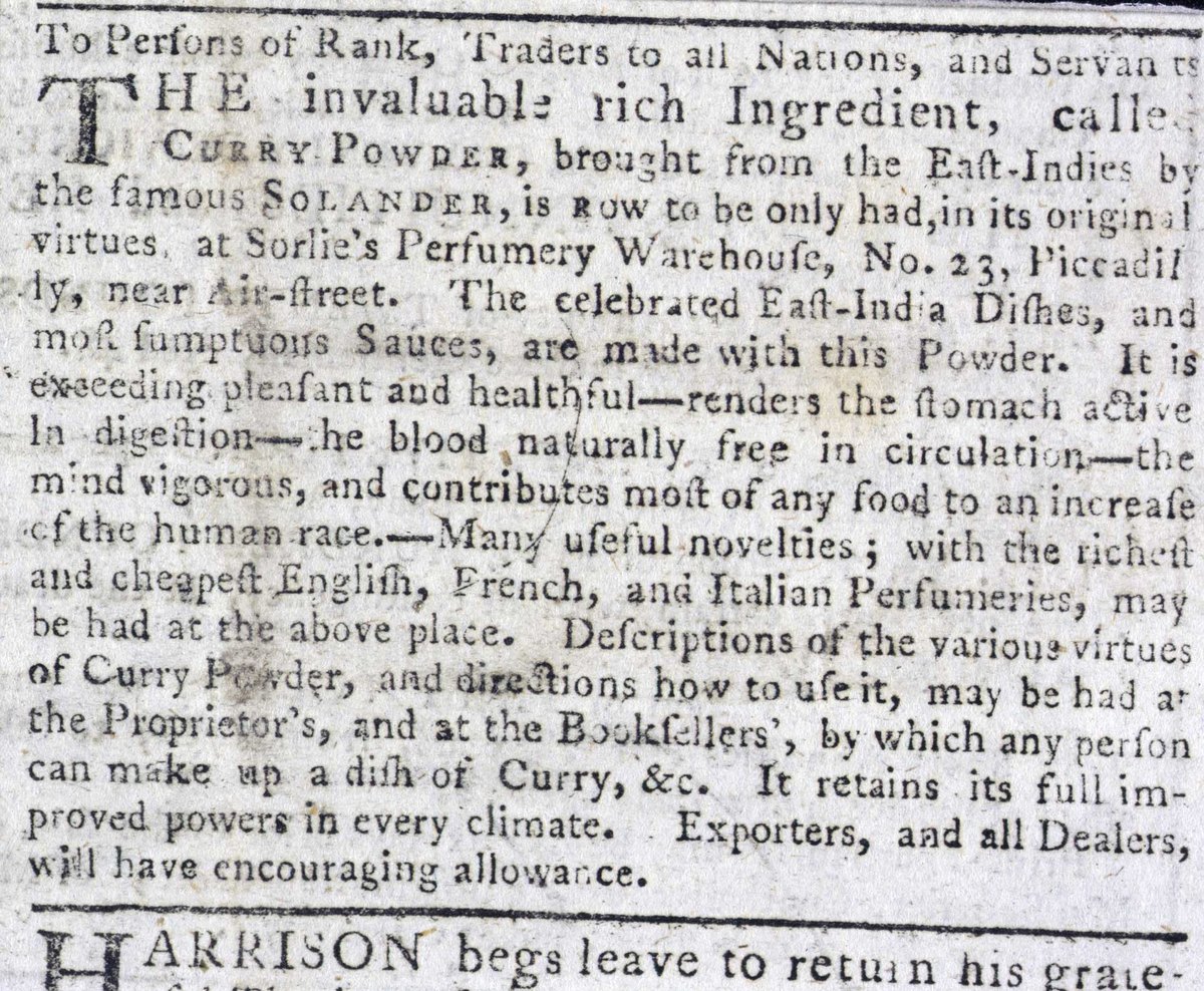 The 1784 newspaper advertisement for curry powder, sold at Sorlie's Perfumery Warehouse, No. 23 Piccadilly