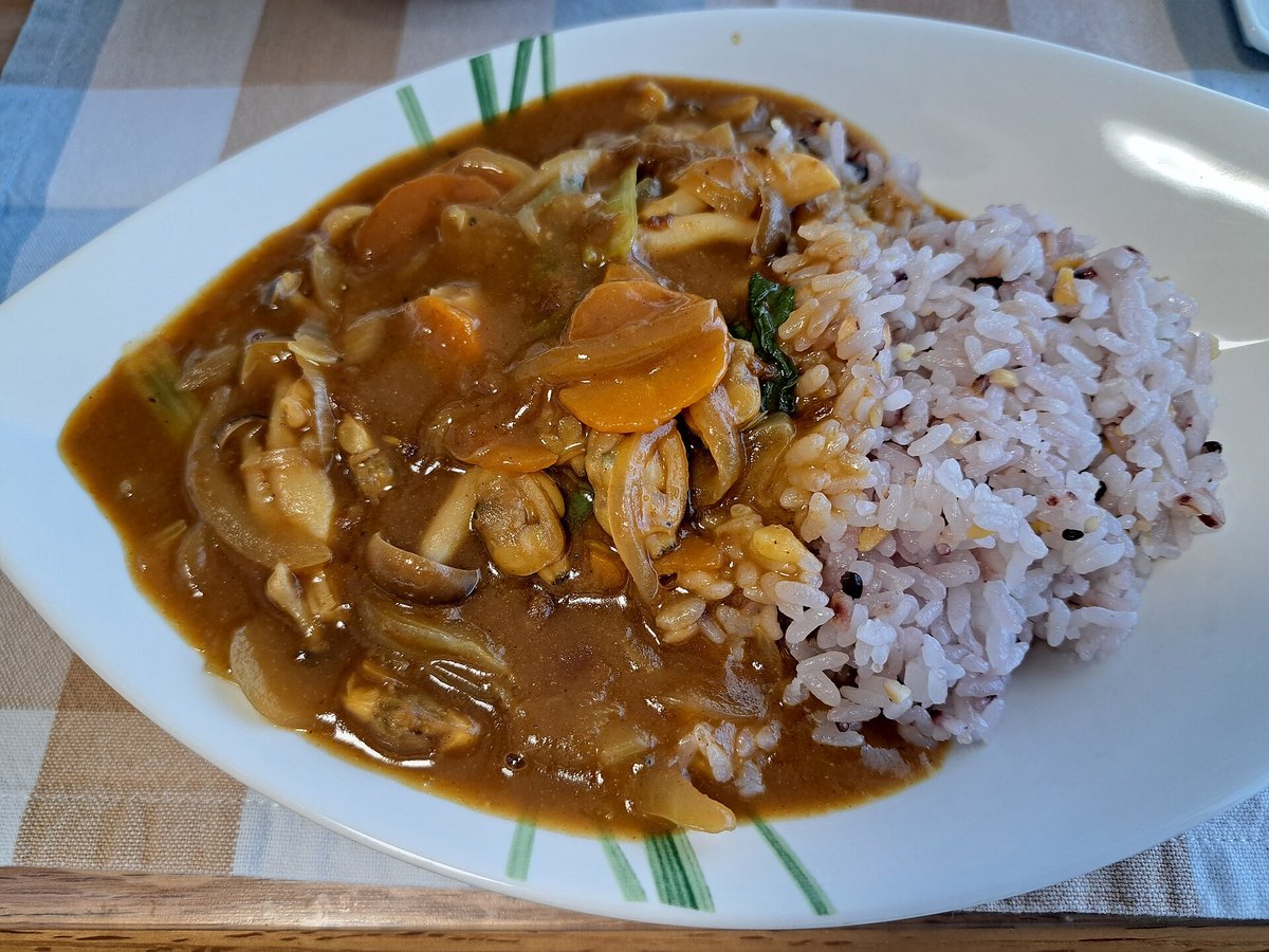 A plate of Japanese curry rice — thick brown sauce over rice with potato and carrot, a fried cutlet alongside