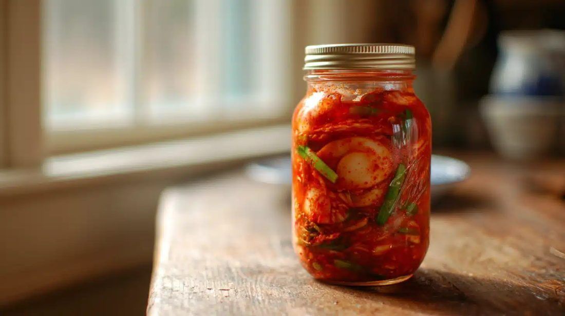 A jar of napa cabbage kimchi, deep red and glossy