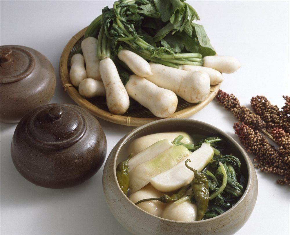 Dongchimi — radish water kimchi in a clear, unspiced brine. This is much closer to what kimchi was before chiles reached Korea