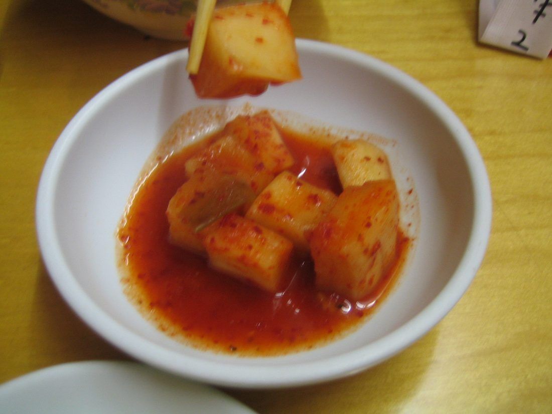 Kkakdugi — cubed Korean radish kimchi. Crunchier than cabbage kimchi and the one I reach for most
