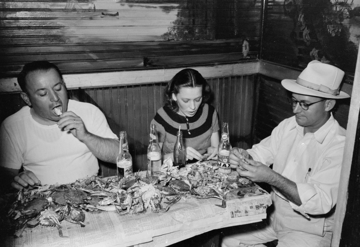 A crab boil at Raceland, Louisiana, photographed in 1938 — the communal one-pot habit gumbo belongs to