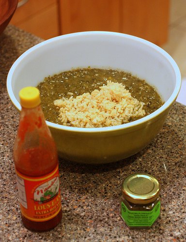 A bowl of gumbo z'herbes with rice