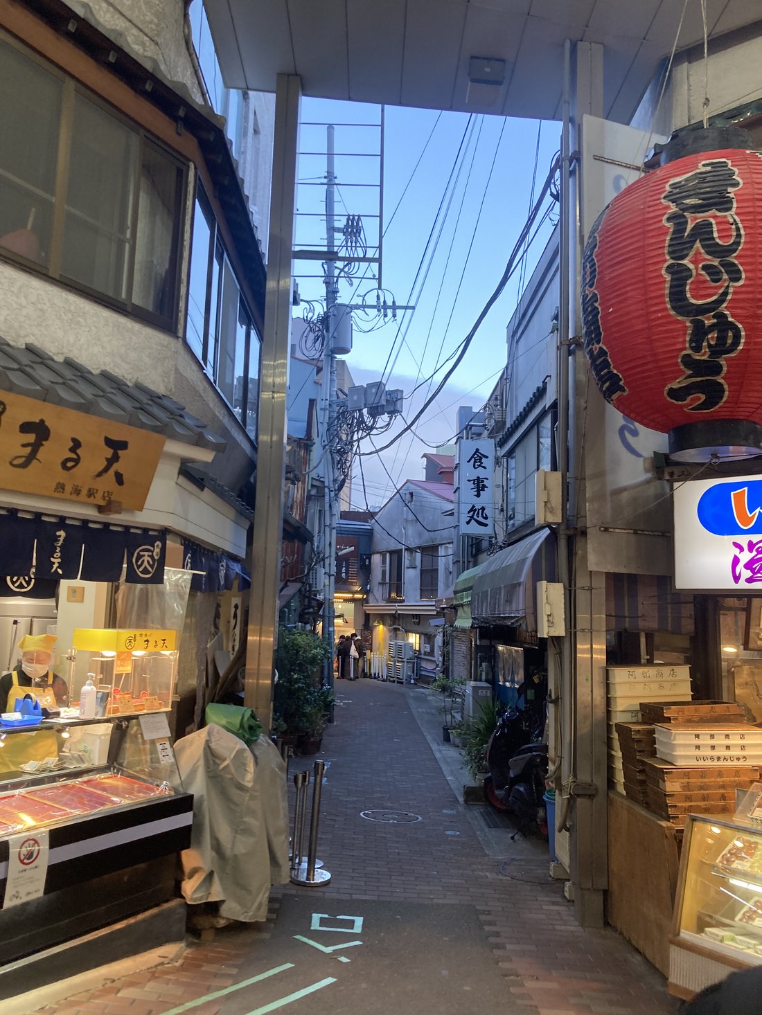 A narrow shopping alley — shopfronts, a paper lantern, goods stacked outside. Not the Ginza anybody pictures, which is rather the point
