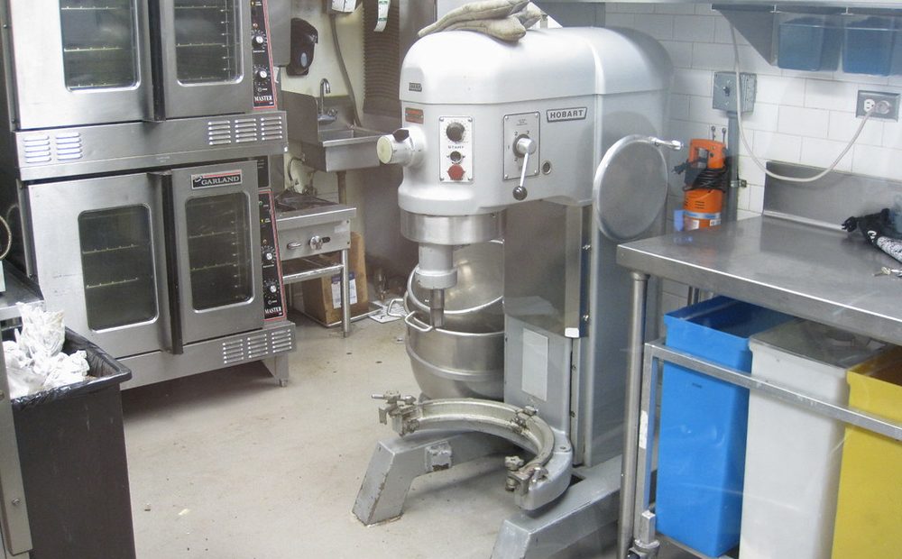 The mixer and the bench beside it (placeholder for my 20-quart Vevor and bench)