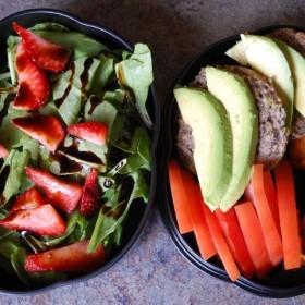 Bento Box, Black Bean Mini Burgers with Spinach Salad