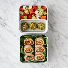 Bento Box, Smoked Salmon Pinwheels and Watermelon Salad