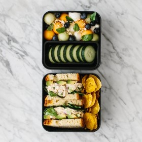 Bento Box, Tuna Salad Sandwich and Melon Salad