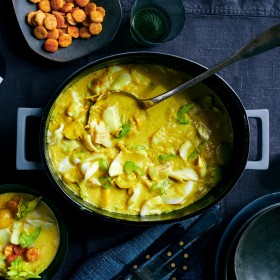 Coconut Cod Chowder with Seasoned Oyster Crackers