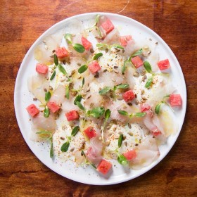 Cured Fluke with Yogurt, Watermelon, Sunflower Seeds, and Togarashi