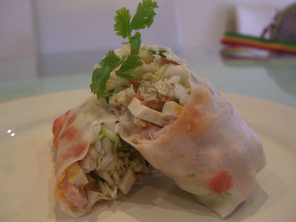 Fried Chicken Summer Rolls with Peanut Dipping Sauce