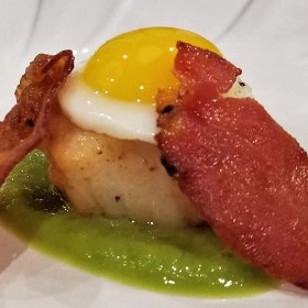Pan Seared Scallop with Quail Egg and Pancetta