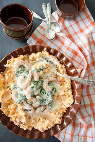 Shrimp Florentine over Tomato Grits (Paula Deen)