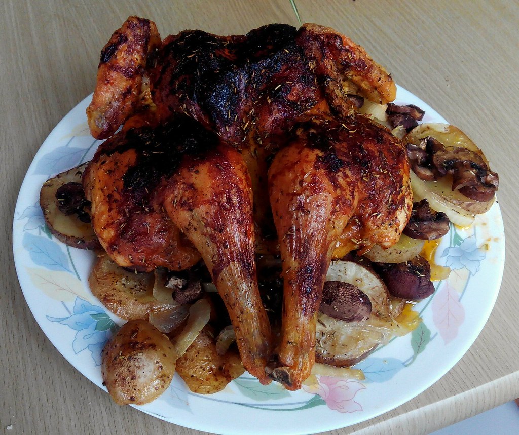 Spatchcock Roast Chicken with Schmaltzy Potatoes