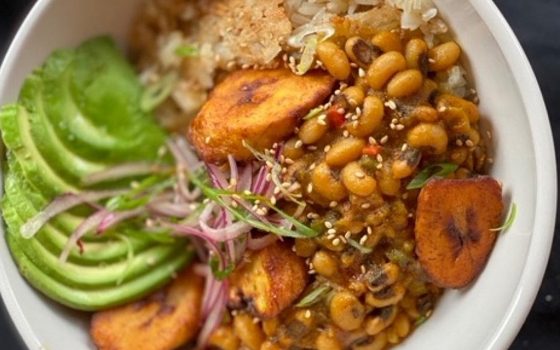 West African Red-Red Beans with Coconut Rice, Avocado, & Sweet Plantain