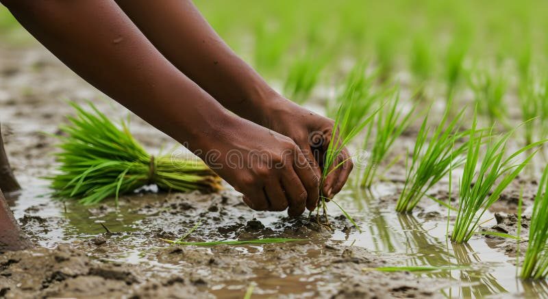 Workers transplanting bright green rice seedlings by hand in neat rows across a flooded paddy