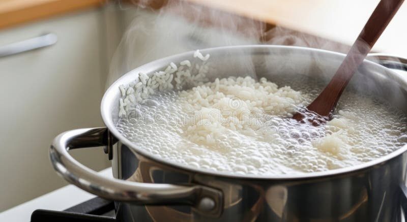 A large pot of rice boiling in abundant water, ready to be drained pasta-style to reduce arsenic