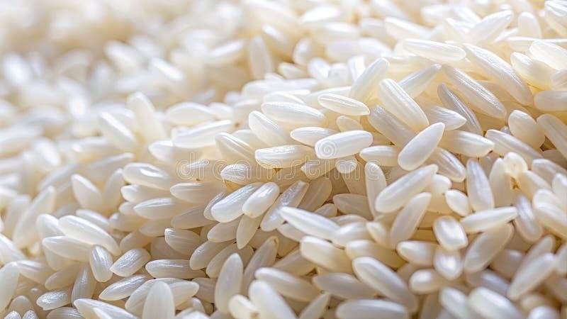 Extreme close-up of dry rice grains showing the translucent endosperm with white chalky patches on some grains