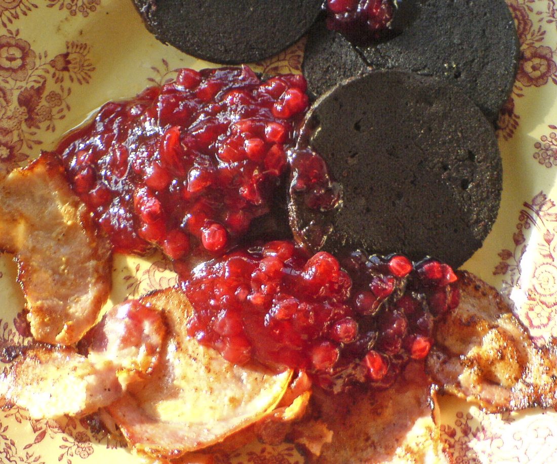 Black pudding, sliced — and the Stornoway version, by its PGI rule, contains only suet, oatmeal, onion and blood: no rusk at all.
